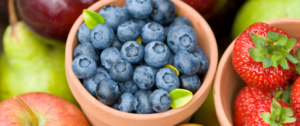 A bowl of blueberries with green leaves on the side.