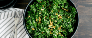 A close up of a bowl of salad