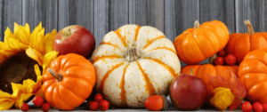 A group of pumpkins and apples on the ground.