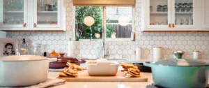 A kitchen with a bowl of food on the counter