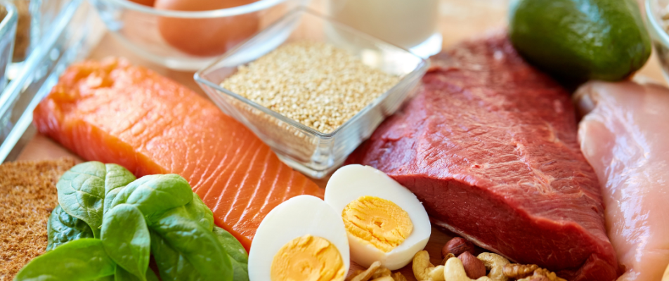 A close up of eggs, meat and grains