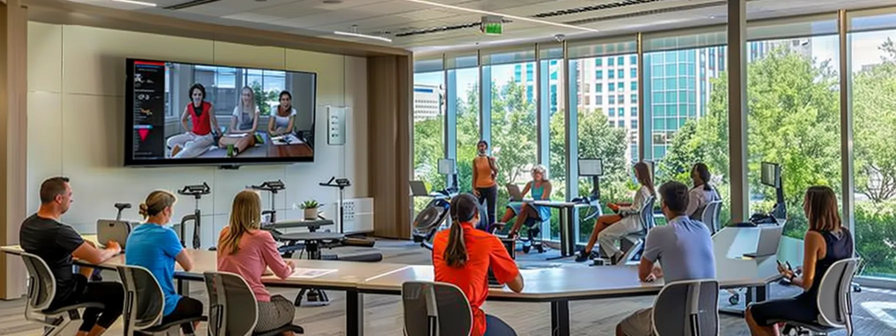 a modern office space in denver features a diverse group engaged in a dynamic wellness workshop, with digital nutrition plans displayed on sleek screens and fitness equipment accessible nearby, symbolizing the integration of personalized nutrition and exercise strategies for successful natural weight loss.