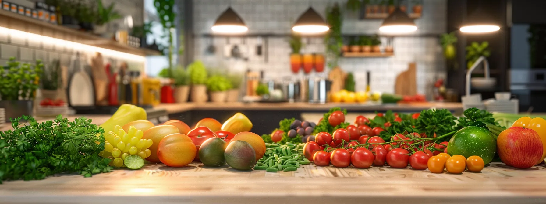 a modern, vibrant kitchen filled with colorful fruits and vegetables, showcasing a diverse array of healthy meal preparations alongside an open space for exercise equipment, embodying a dynamic lifestyle focused on natural weight loss and holistic wellness.
