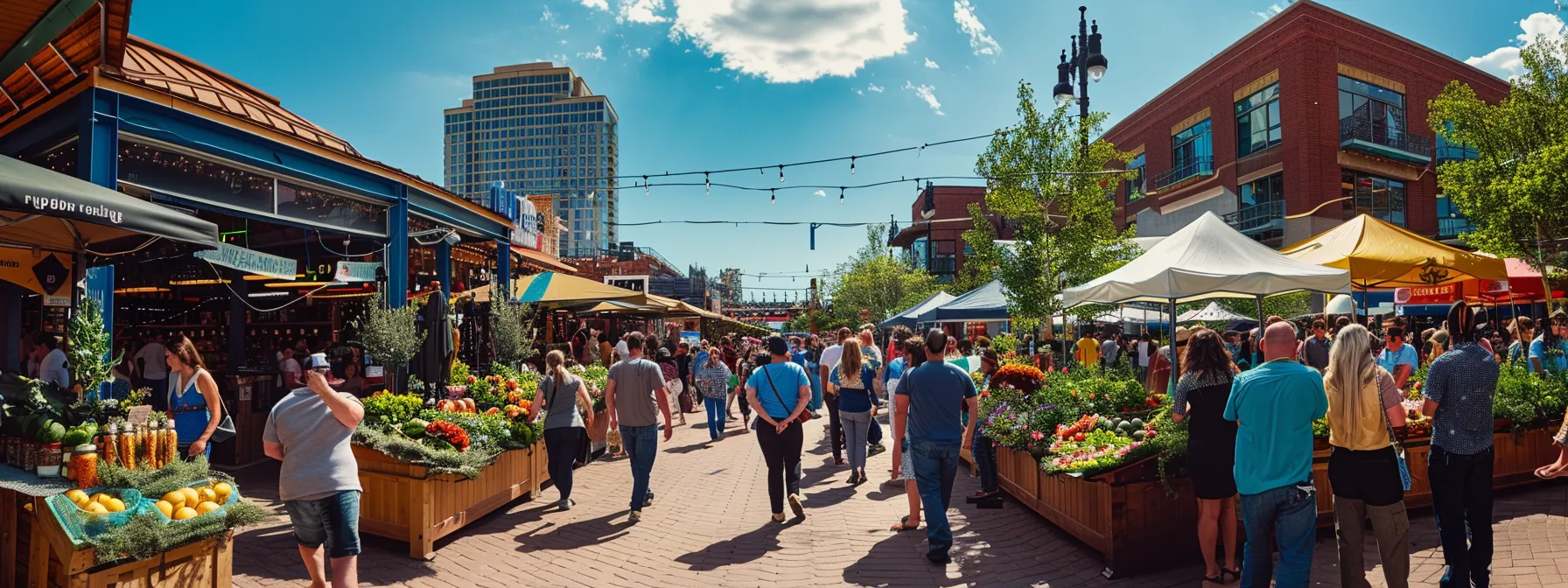 a vibrant denver farmers market bustling with locals, showcasing an array of fresh superfoods, including colorful produce displays, artisan stalls, and health-conscious shoppers engaging in lively conversations about nutritious choices.