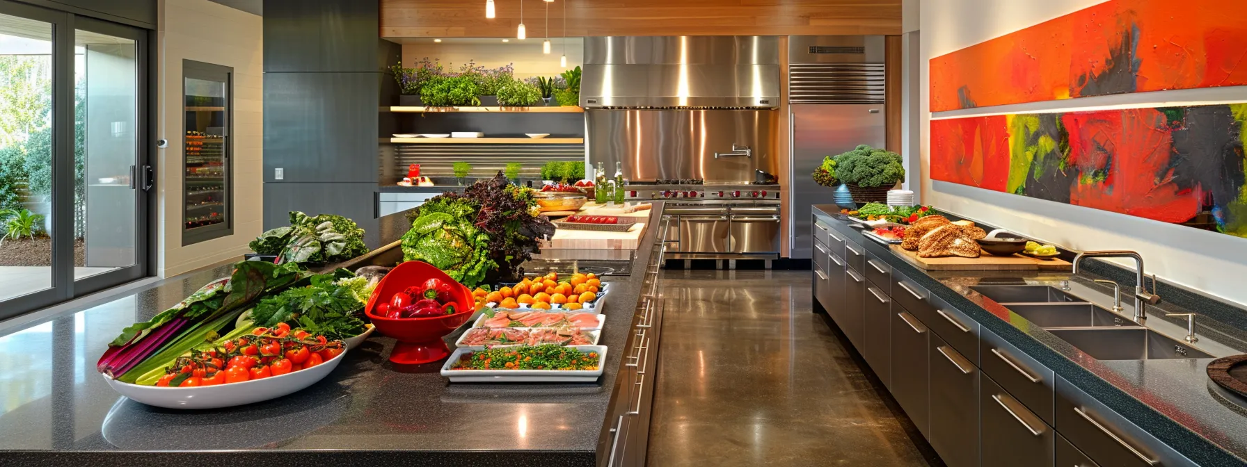 a vibrant, modern kitchen filled with colorful superfoods like chard, poultry, and fresh vegetables artfully arranged on a sleek countertop, highlighting their nutritional benefits for natural weight management.