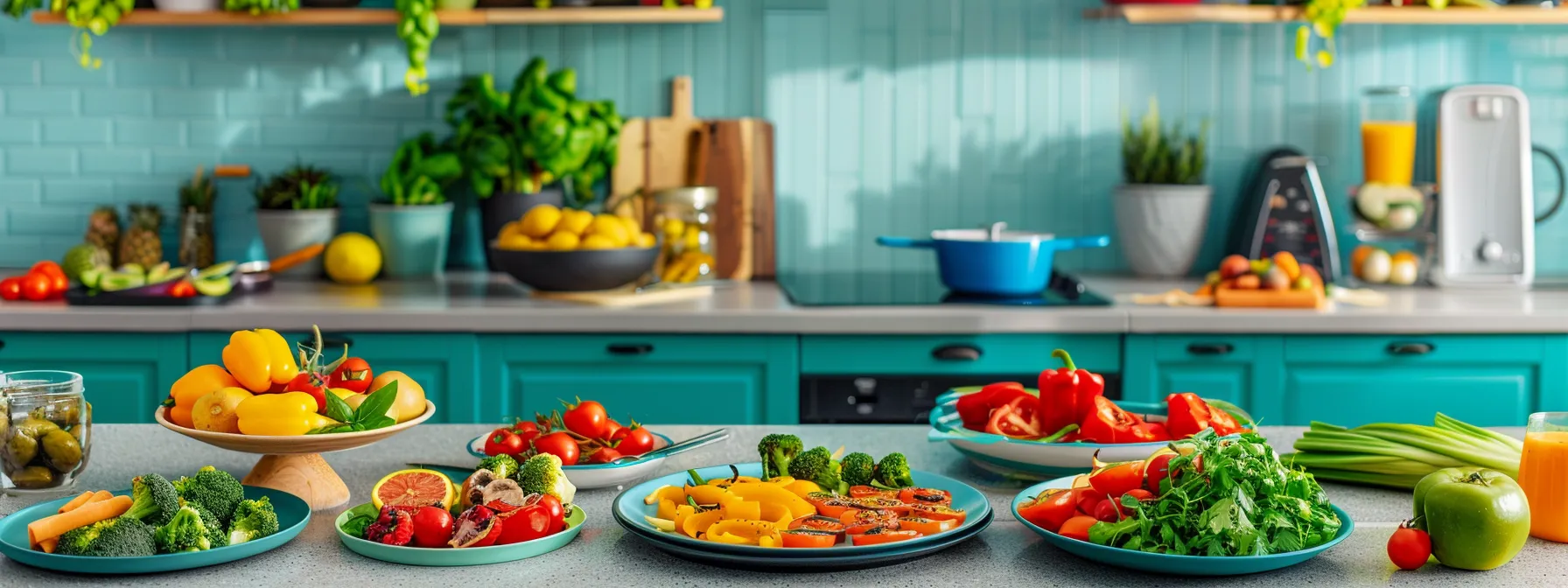 a vibrant, modern kitchen filled with colorful plates of nutrient-rich superfoods like roasted vegetables, fresh fruits, and wholesome snacks, showcasing an organized meal prep area that emphasizes health and weight loss.