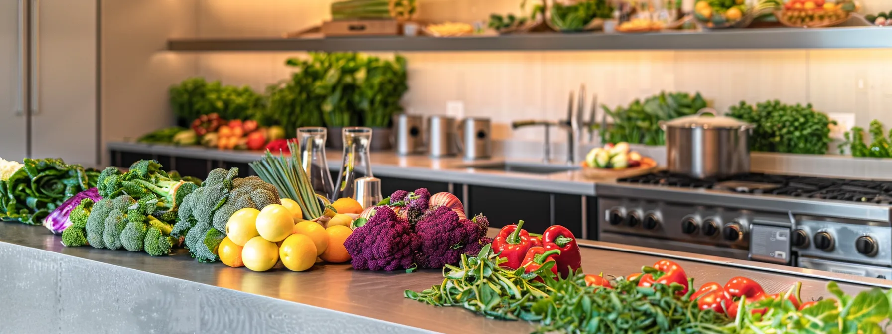 a vibrant urban kitchen in denver showcases a colorful array of superfoods, including fresh cruciferous vegetables and antioxidant-rich fruits, arranged artistically on a sleek countertop, emphasizing a healthy lifestyle and commitment to sustainable weight loss.
