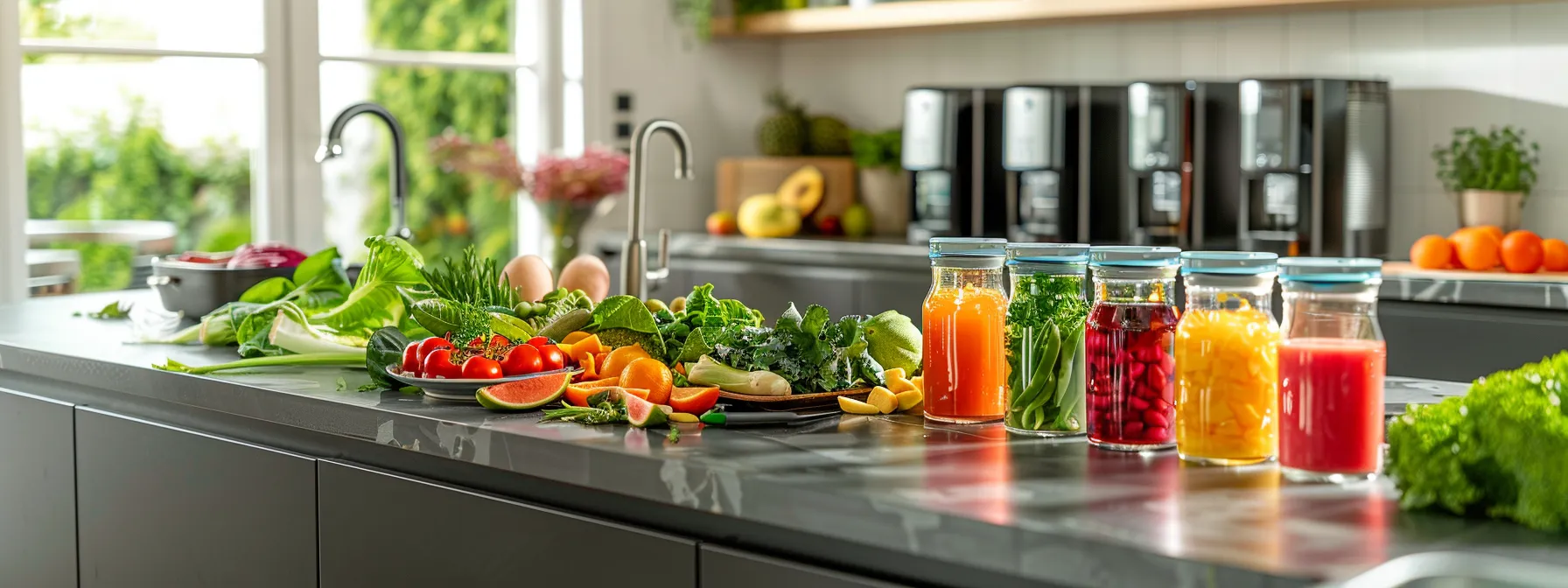 a vibrant urban kitchen showcases an array of colorful superfoods, artfully arranged on a sleek countertop, symbolizing their power in promoting effective weight reduction and healthy living.