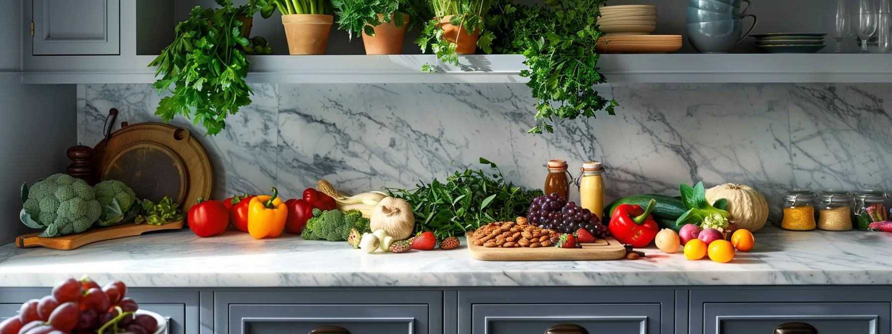 a vibrant, well-organized denver kitchen showcases an array of fresh superfoods—colorful berries, leafy greens, assorted nuts, and whole grains—neatly arranged on a sleek countertop, emphasizing healthy eating and wellness choices.